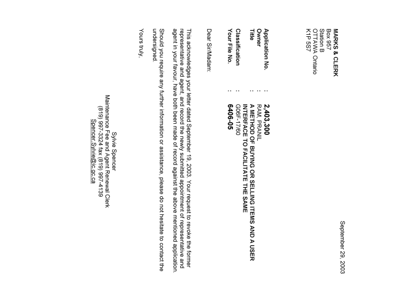 Document de brevet canadien 2403300. Correspondance 20030929. Image 1 de 1