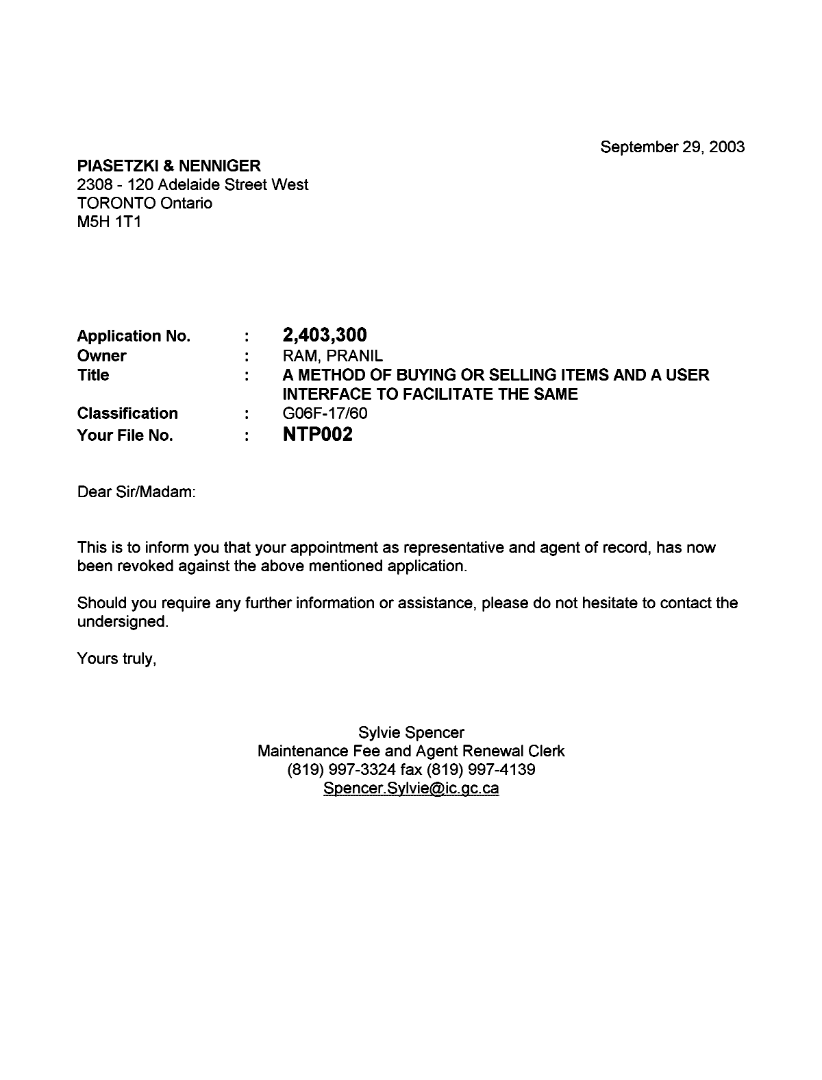 Document de brevet canadien 2403300. Correspondance 20030929. Image 1 de 1