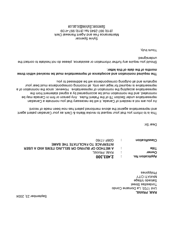 Canadian Patent Document 2403300. Correspondence 20040923. Image 1 of 1