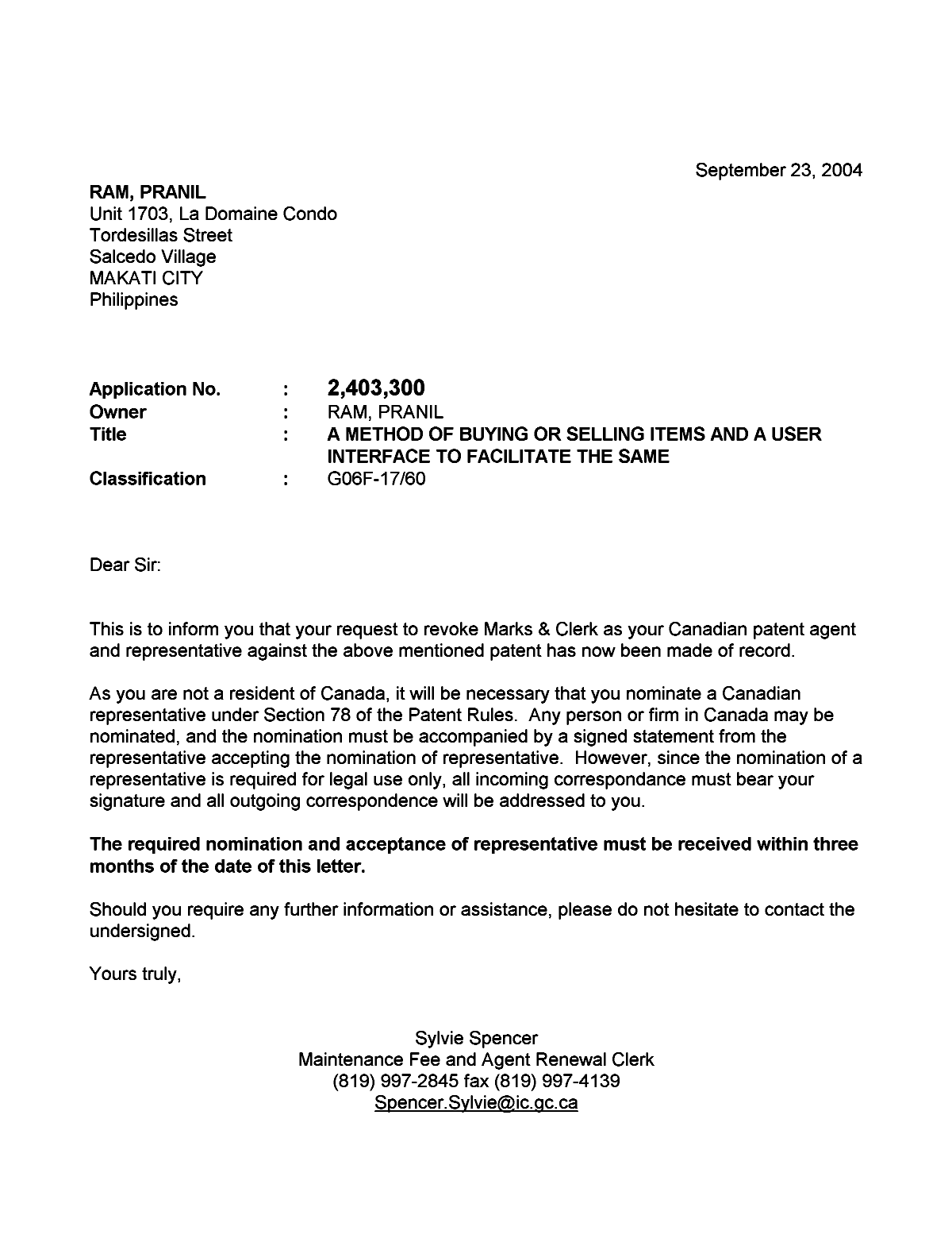 Document de brevet canadien 2403300. Correspondance 20040923. Image 1 de 1