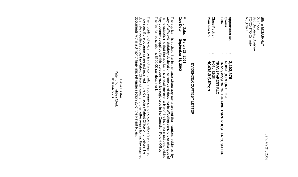 Canadian Patent Document 2403575. Correspondence 20030120. Image 1 of 1