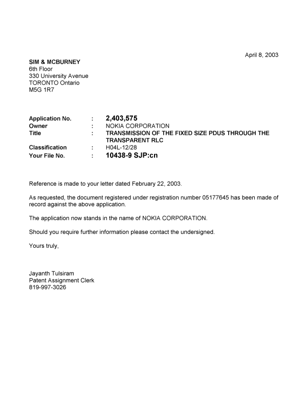 Document de brevet canadien 2403575. Correspondance 20030408. Image 1 de 1