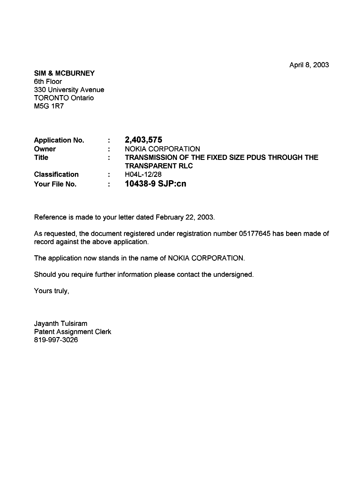 Canadian Patent Document 2403575. Correspondence 20030408. Image 1 of 1