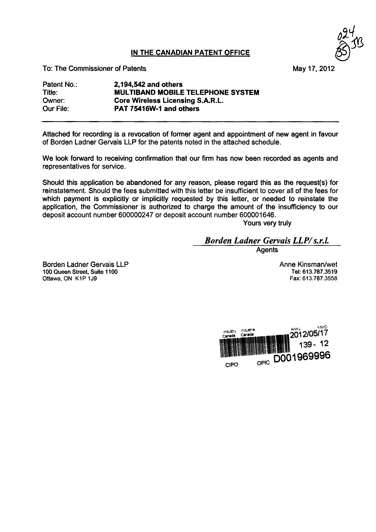 Canadian Patent Document 2403575. Correspondence 20120517. Image 1 of 3