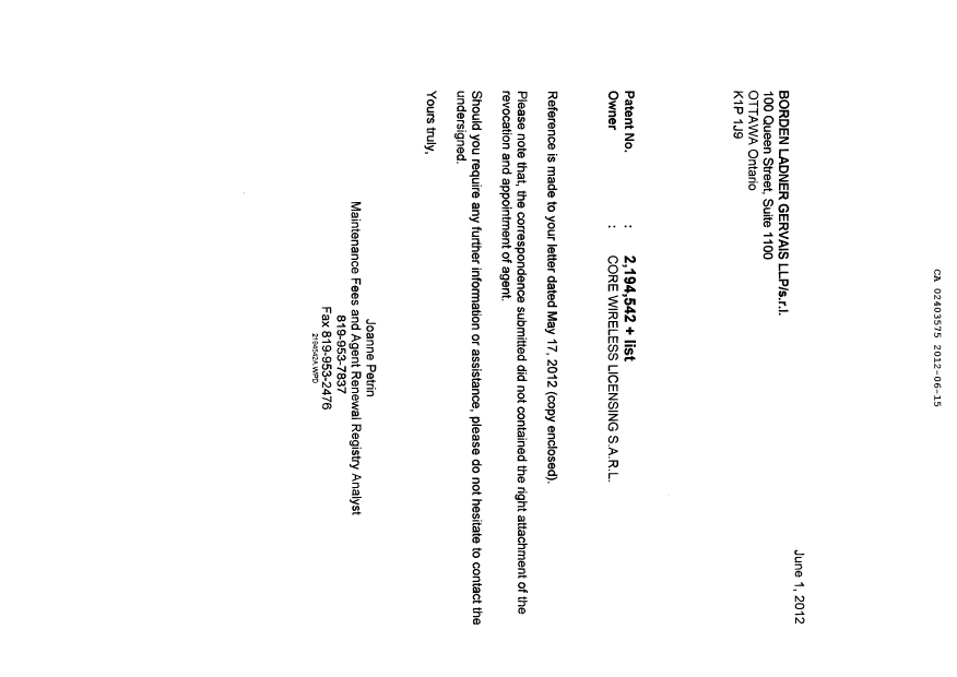 Canadian Patent Document 2403575. Correspondence 20120615. Image 1 of 2