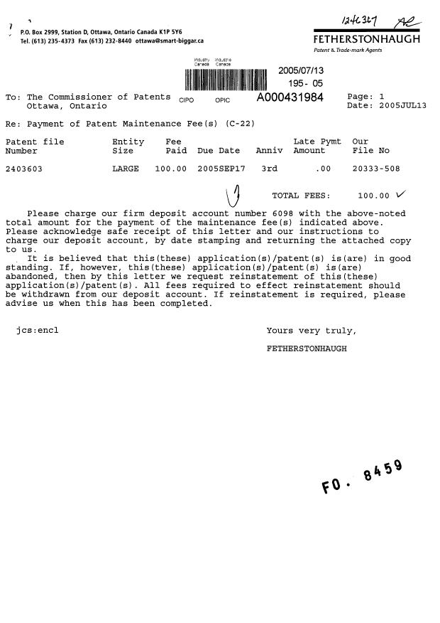 Document de brevet canadien 2403603. Taxes 20050713. Image 1 de 1