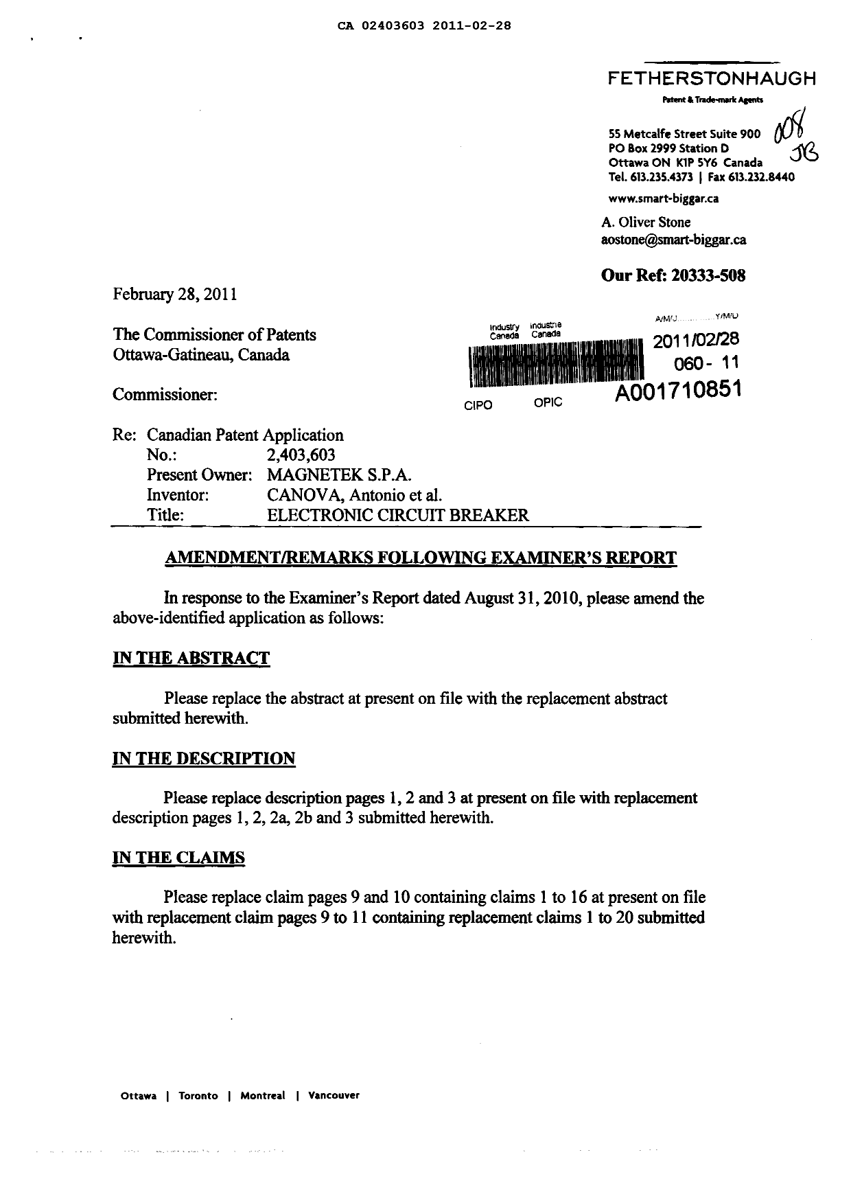 Document de brevet canadien 2403603. Poursuite-Amendment 20110228. Image 1 de 13