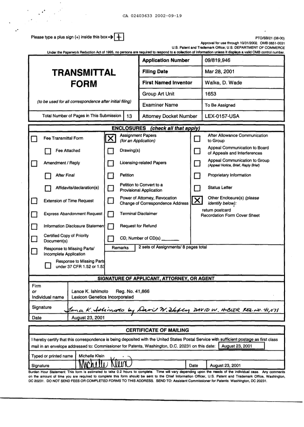 Document de brevet canadien 2403633. Cession 20020919. Image 19 de 19