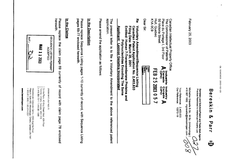 Document de brevet canadien 2403633. Poursuite-Amendment 20030225. Image 1 de 12