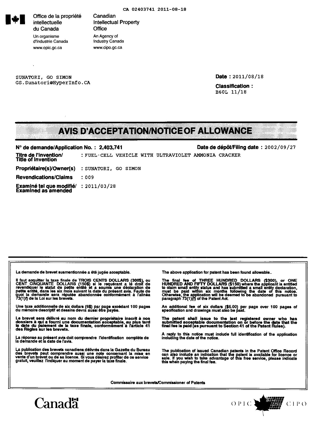 Document de brevet canadien 2403741. Correspondance 20110818. Image 1 de 1