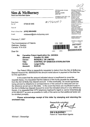 Document de brevet canadien 2403824. Correspondance 20070207. Image 1 de 1