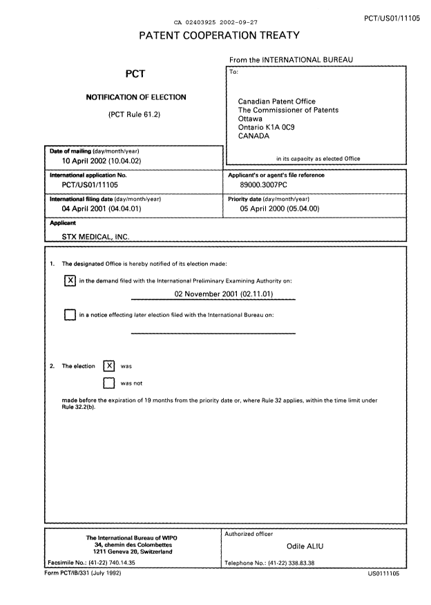 Document de brevet canadien 2403925. PCT 20020927. Image 1 de 2