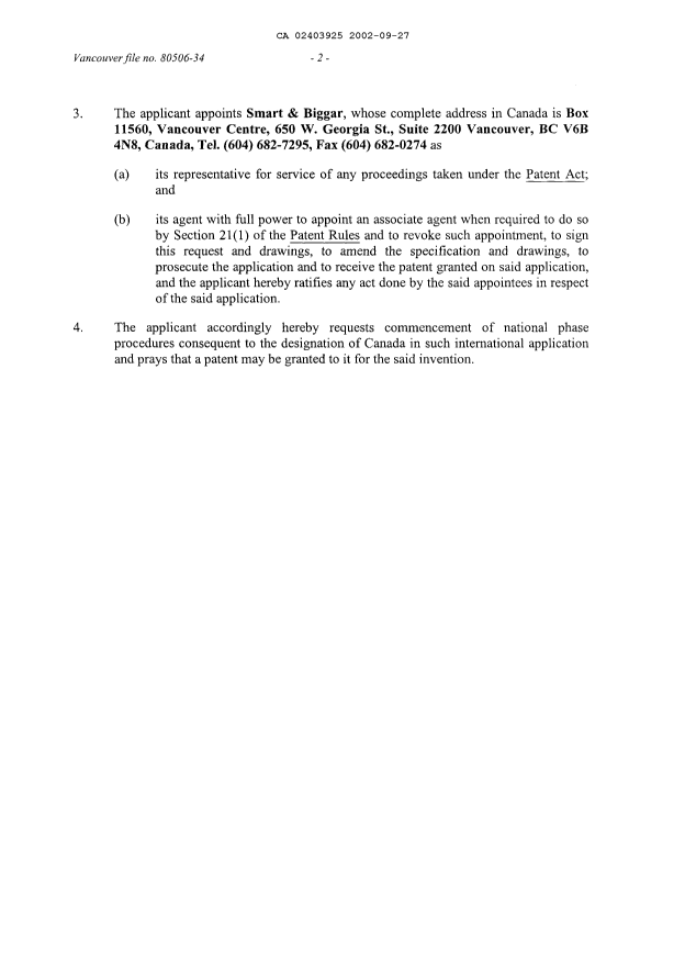 Document de brevet canadien 2403925. Cession 20020927. Image 5 de 5