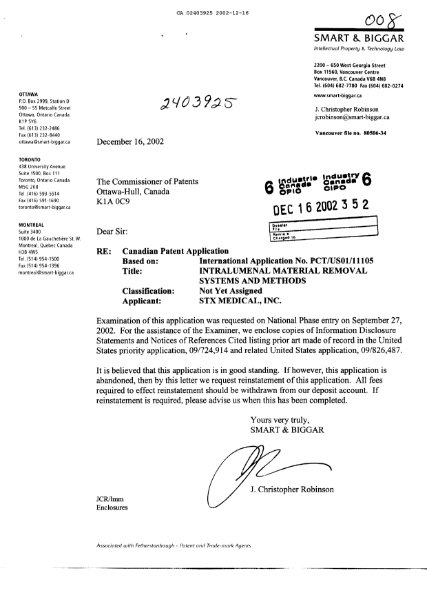 Document de brevet canadien 2403925. Poursuite-Amendment 20021216. Image 1 de 1