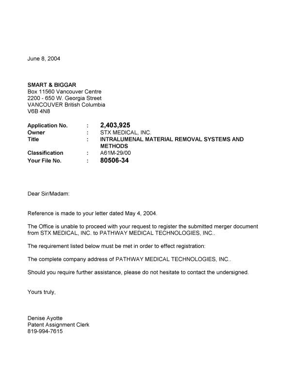 Document de brevet canadien 2403925. Correspondance 20040608. Image 1 de 1