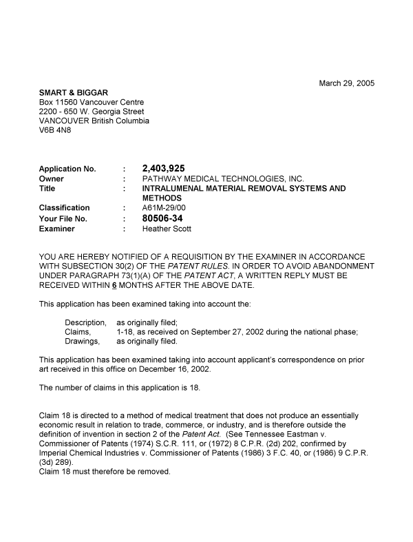 Canadian Patent Document 2403925. Prosecution-Amendment 20050329. Image 1 of 4