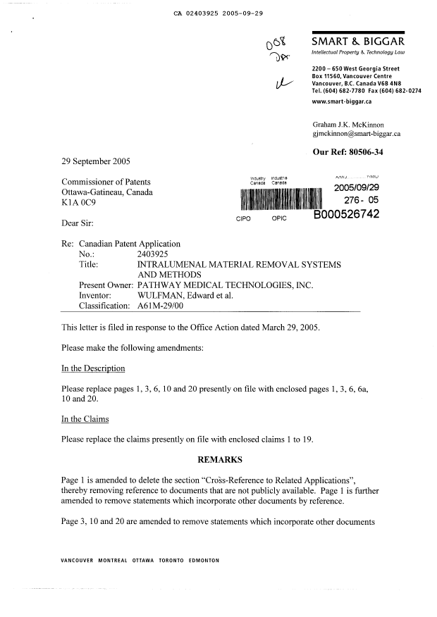 Document de brevet canadien 2403925. Poursuite-Amendment 20050929. Image 1 de 12