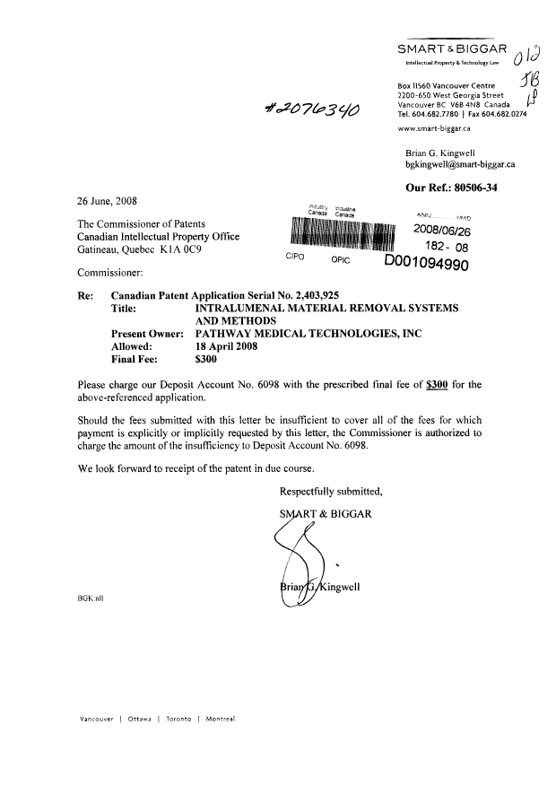 Document de brevet canadien 2403925. Correspondance 20080626. Image 1 de 1
