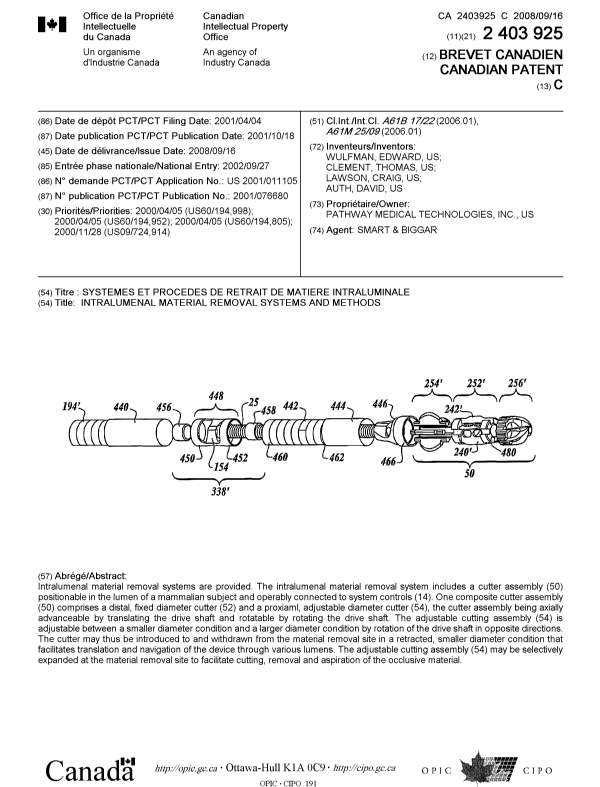 Document de brevet canadien 2403925. Page couverture 20080829. Image 1 de 1