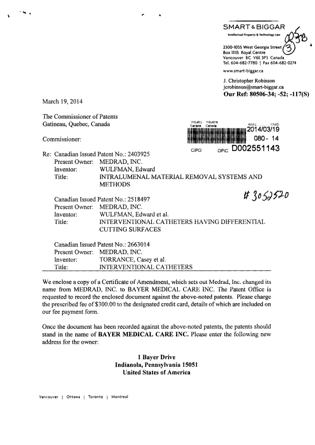 Document de brevet canadien 2403925. Cession 20140319. Image 1 de 4