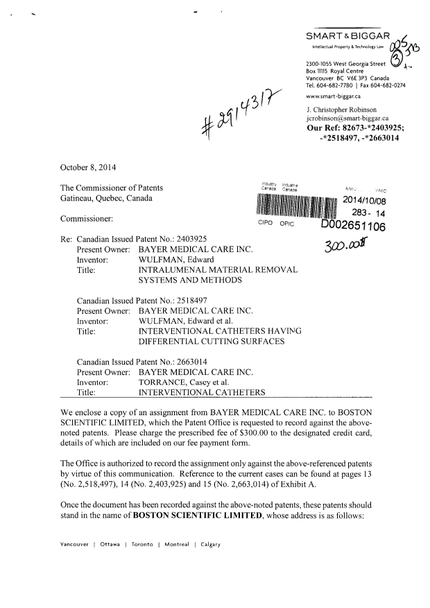 Document de brevet canadien 2403925. Cession 20141008. Image 1 de 24