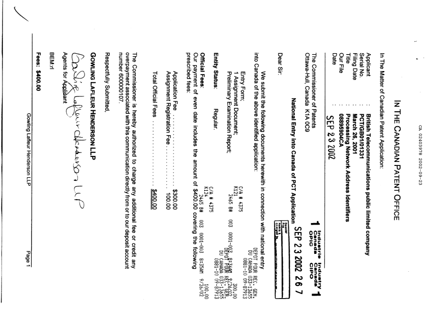 Document de brevet canadien 2403978. Cession 20020923. Image 1 de 8