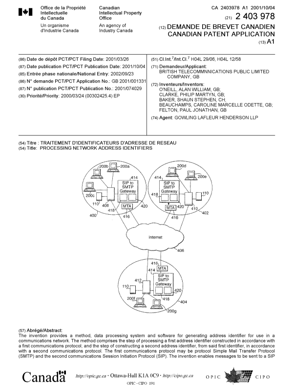 Document de brevet canadien 2403978. Page couverture 20030120. Image 1 de 2