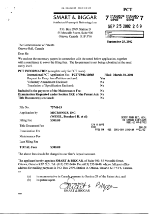 Document de brevet canadien 2404008. Cession 20020925. Image 1 de 2