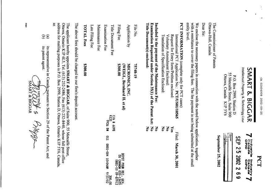 Document de brevet canadien 2404008. Cession 20020925. Image 1 de 2