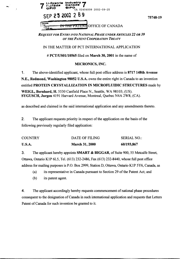 Document de brevet canadien 2404008. Cession 20020925. Image 2 de 2