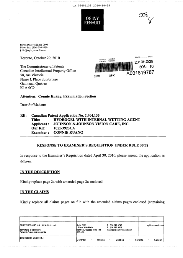 Canadian Patent Document 2404133. Prosecution-Amendment 20101029. Image 1 of 7