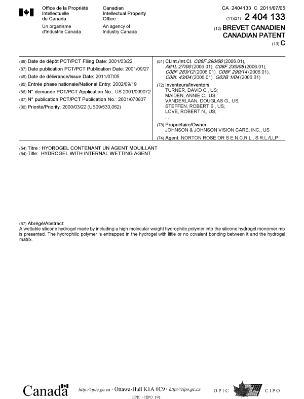 Canadian Patent Document 2404133. Cover Page 20110603. Image 1 of 2