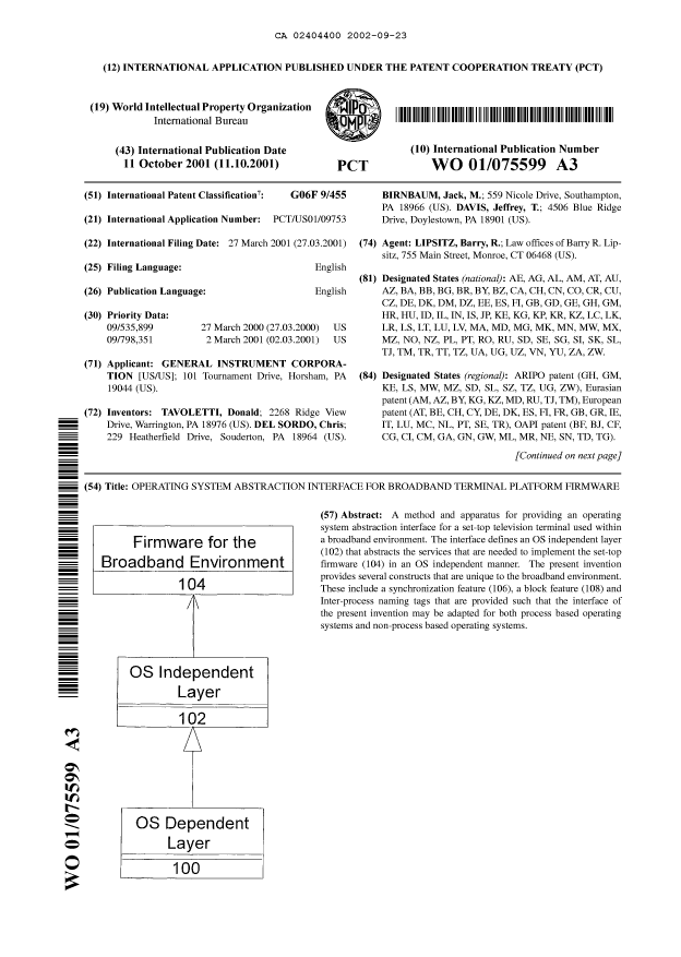 Document de brevet canadien 2404400. Abrégé 20020923. Image 1 de 2