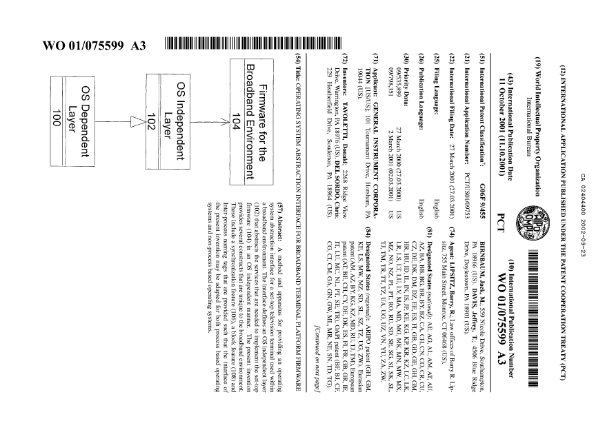 Document de brevet canadien 2404400. Abrégé 20020923. Image 1 de 2