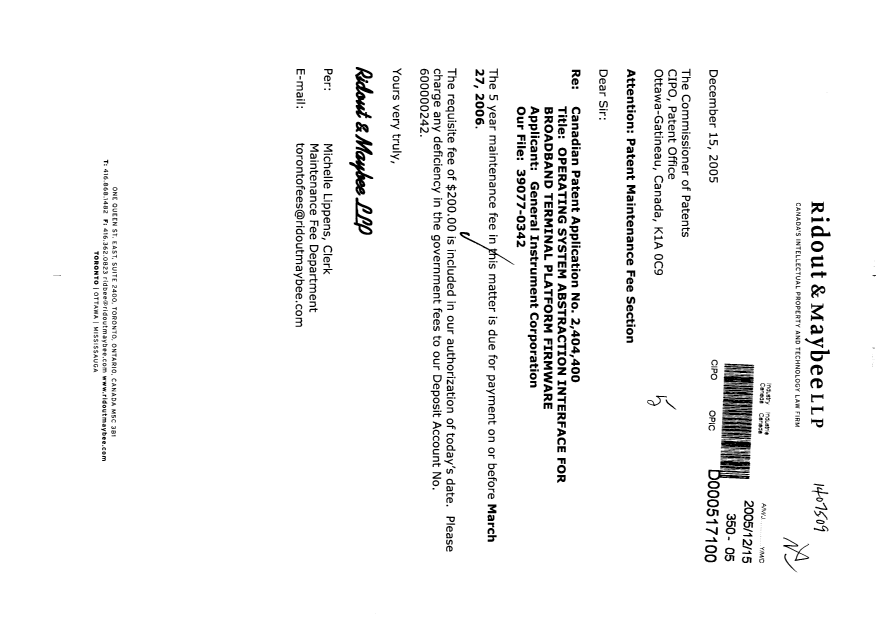 Document de brevet canadien 2404400. Taxes 20051215. Image 1 de 1