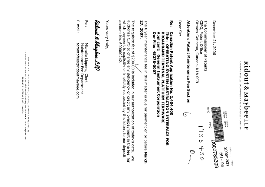 Canadian Patent Document 2404400. Fees 20061221. Image 1 of 1
