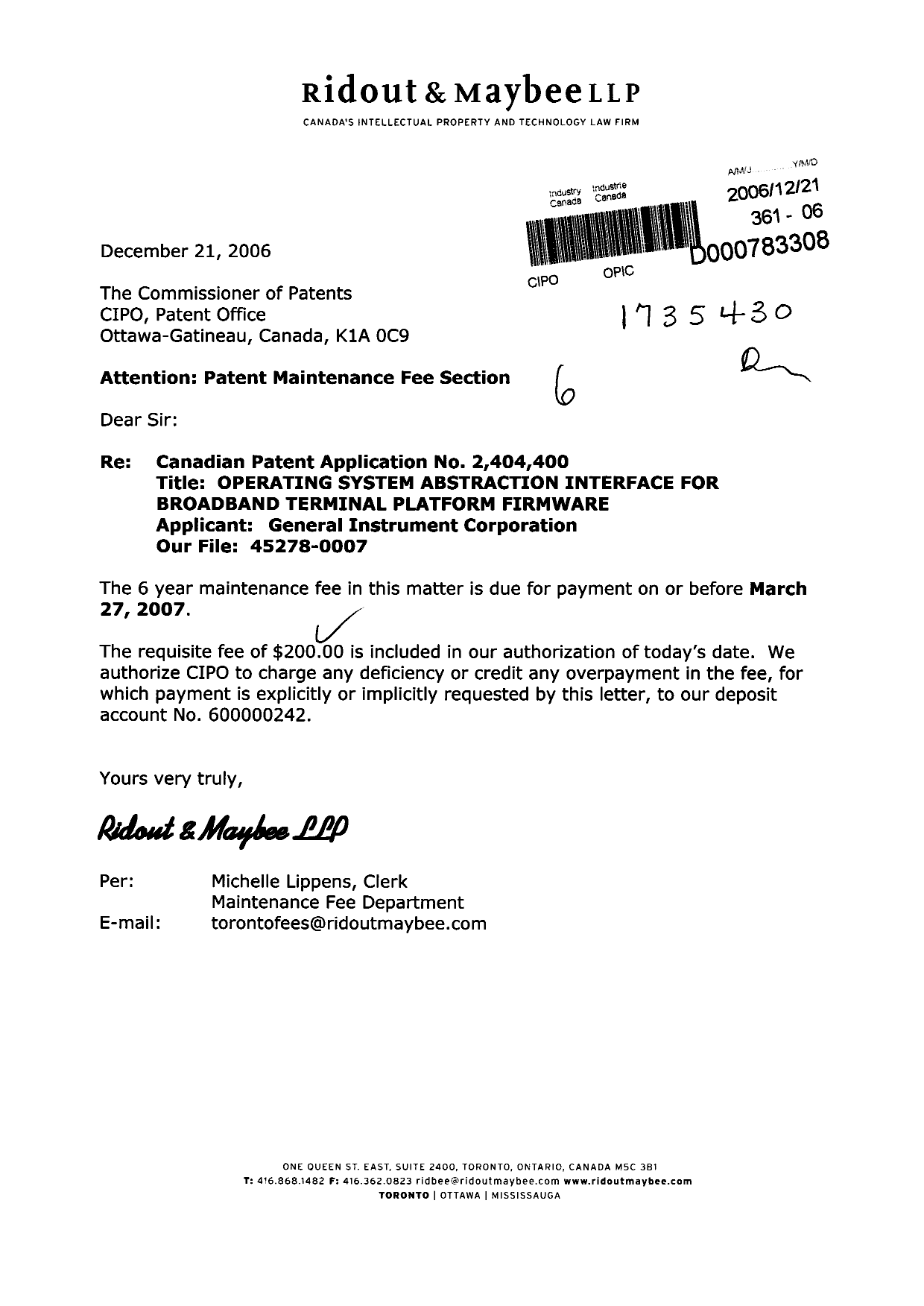 Document de brevet canadien 2404400. Taxes 20061221. Image 1 de 1