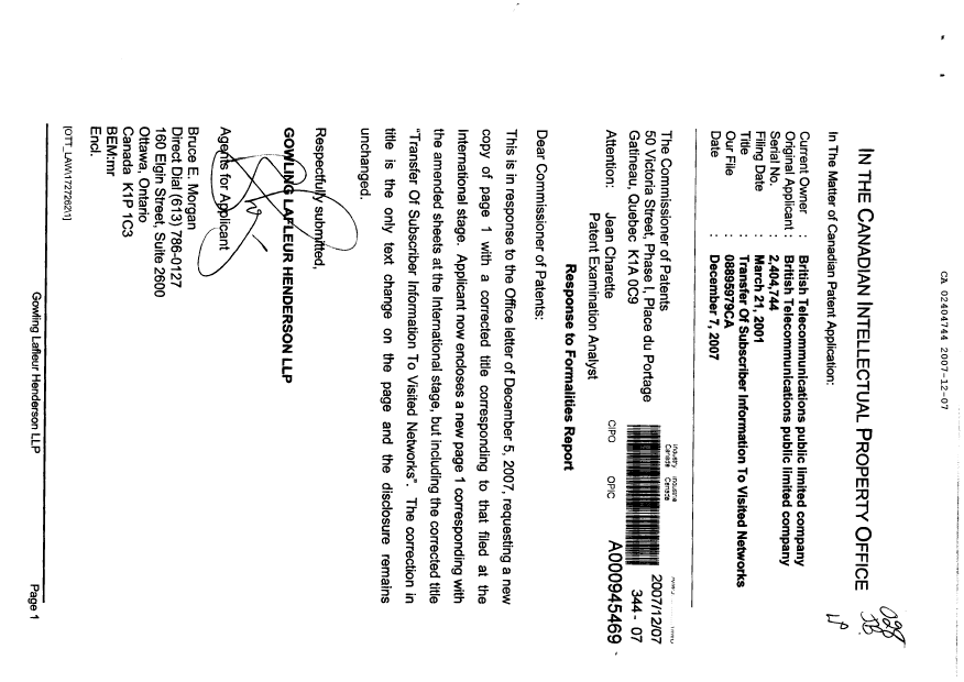 Document de brevet canadien 2404744. Correspondance 20071207. Image 1 de 2