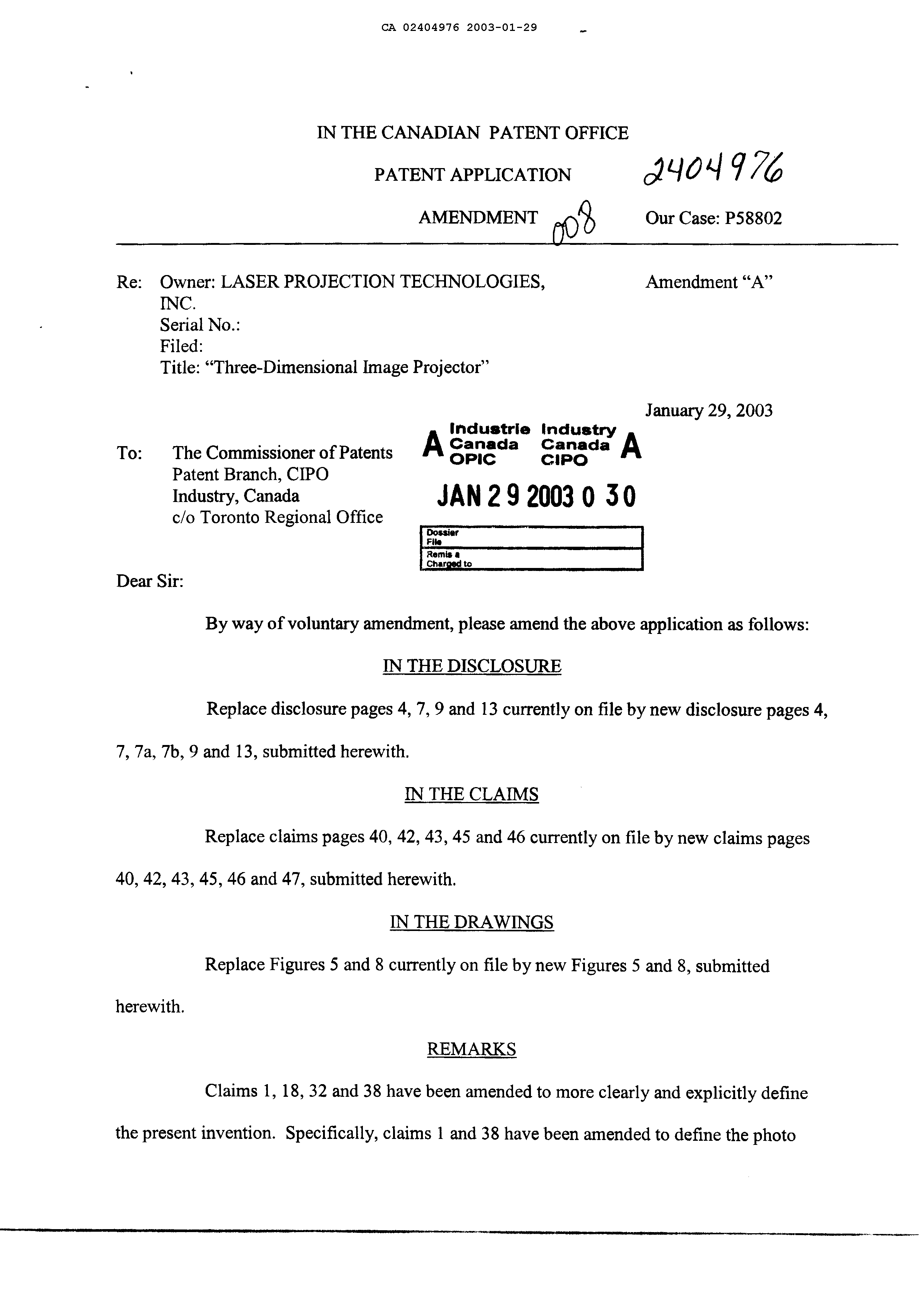 Canadian Patent Document 2404976. Prosecution-Amendment 20030129. Image 1 of 20