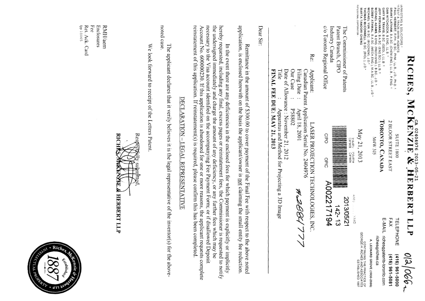 Document de brevet canadien 2404976. Correspondance 20130521. Image 1 de 1