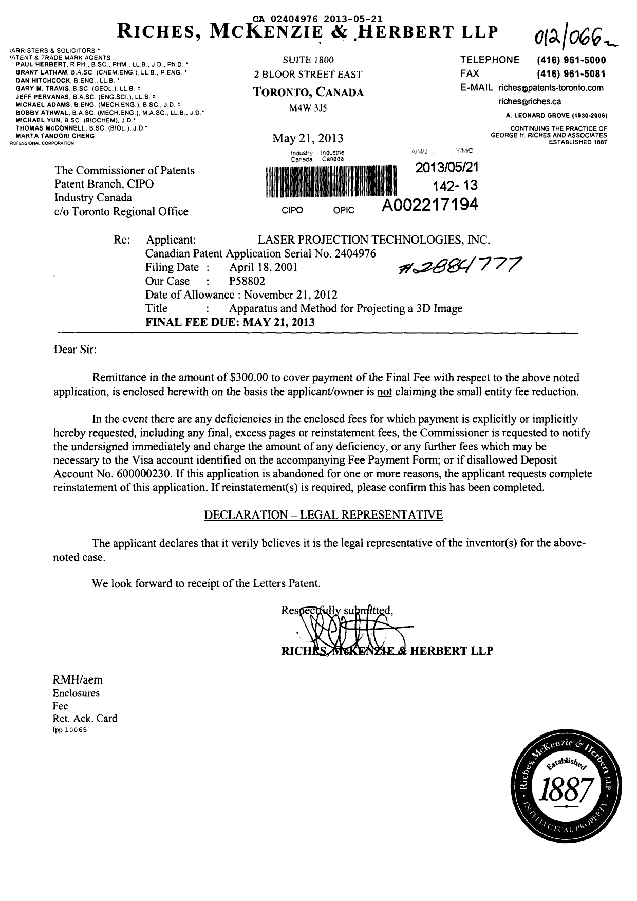 Document de brevet canadien 2404976. Correspondance 20130521. Image 1 de 1