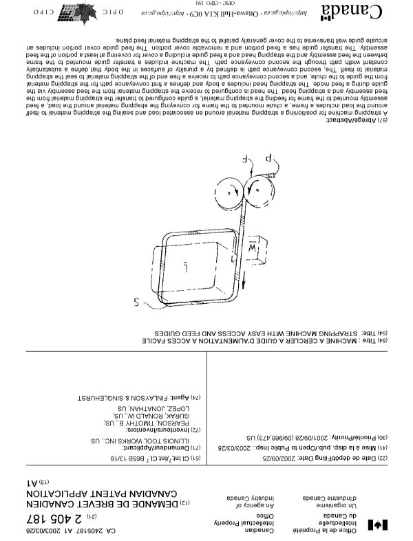 Canadian Patent Document 2405187. Cover Page 20030304. Image 1 of 1