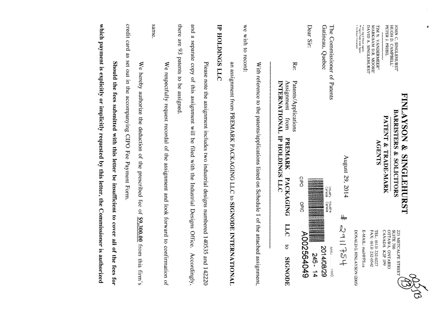 Document de brevet canadien 2405187. Cession 20140829. Image 1 de 6
