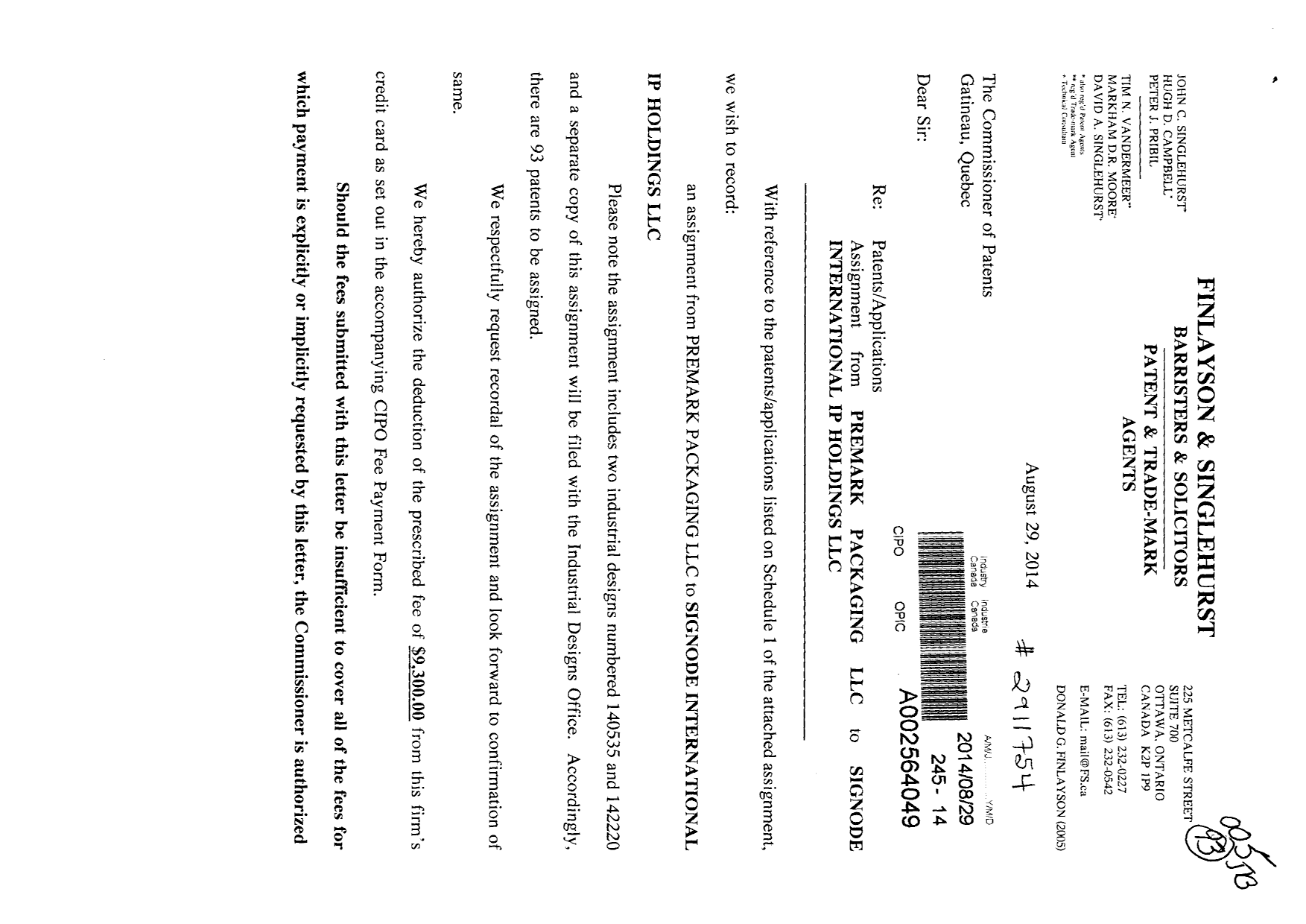 Canadian Patent Document 2405187. Assignment 20140829. Image 1 of 6