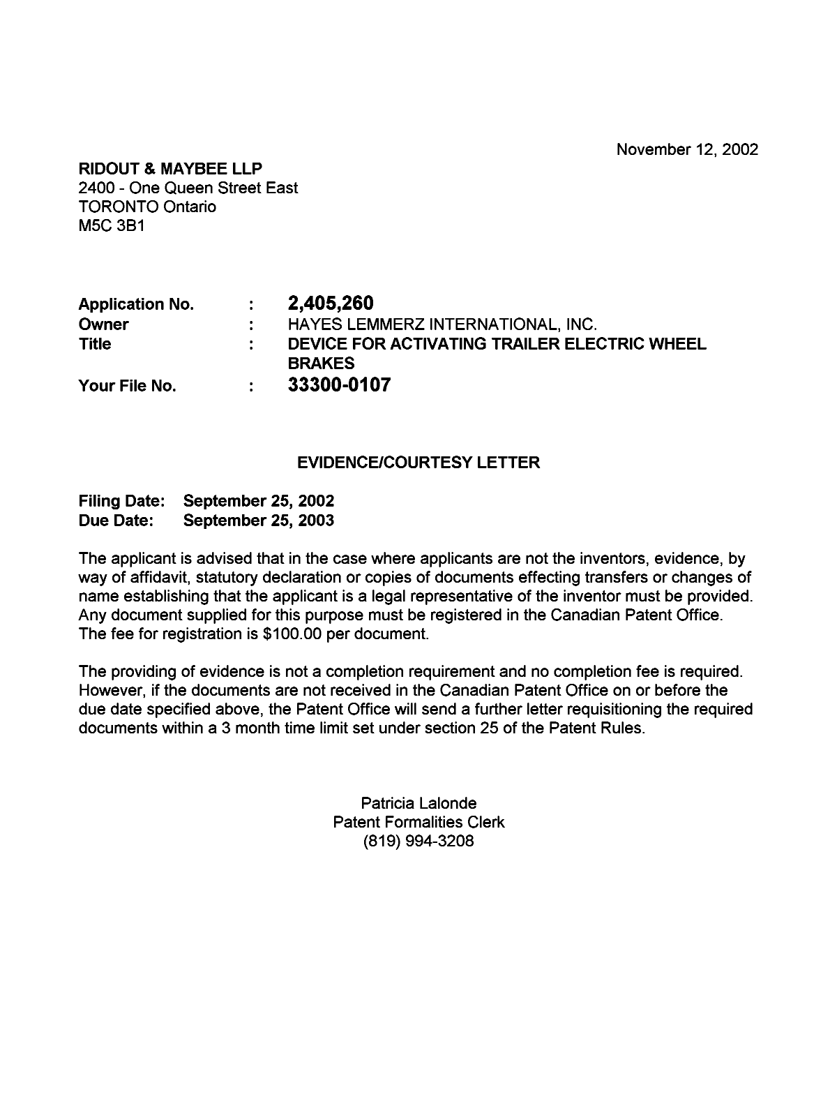 Document de brevet canadien 2405260. Correspondance 20021107. Image 1 de 1