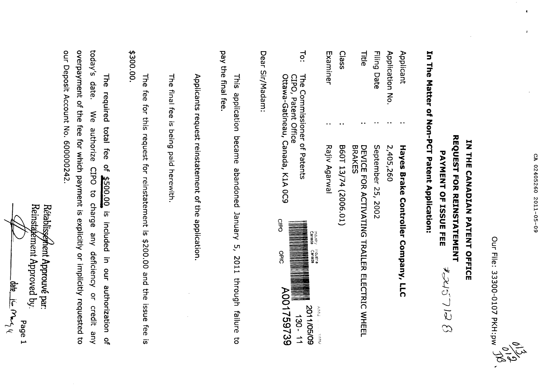 Canadian Patent Document 2405260. Correspondence 20110509. Image 1 of 2