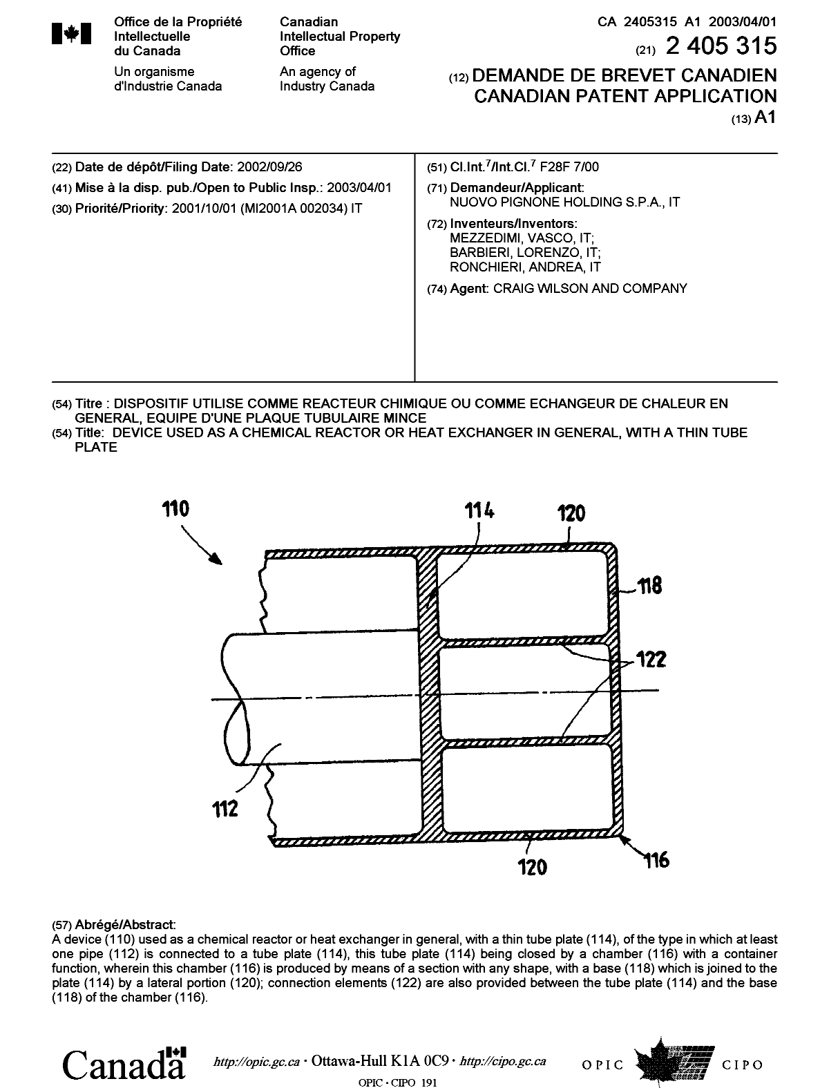Document de brevet canadien 2405315. Page couverture 20030307. Image 1 de 1
