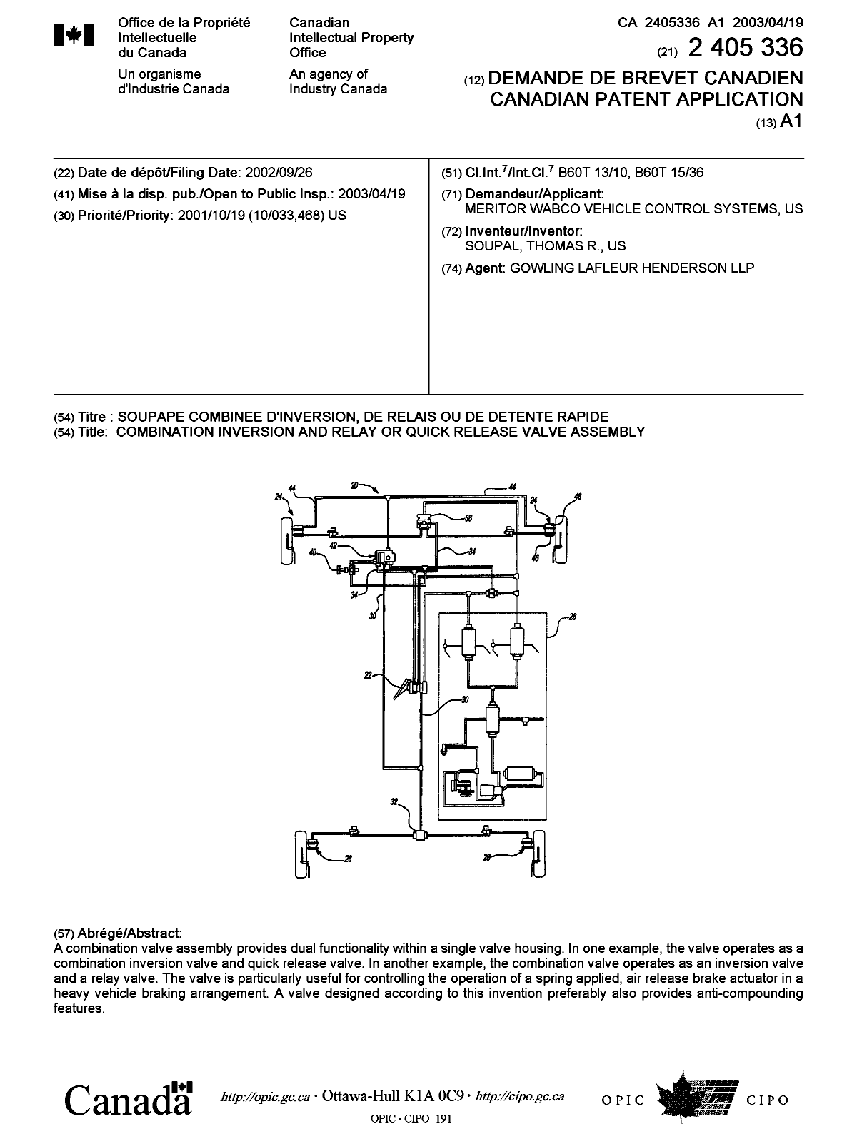 Document de brevet canadien 2405336. Page couverture 20030328. Image 1 de 1