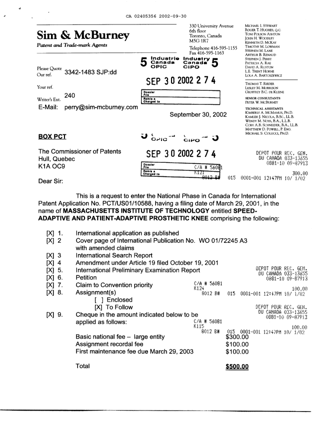 Document de brevet canadien 2405356. Cession 20020930. Image 1 de 3
