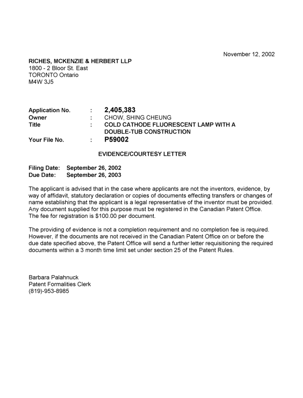 Document de brevet canadien 2405383. Correspondance 20021108. Image 1 de 1